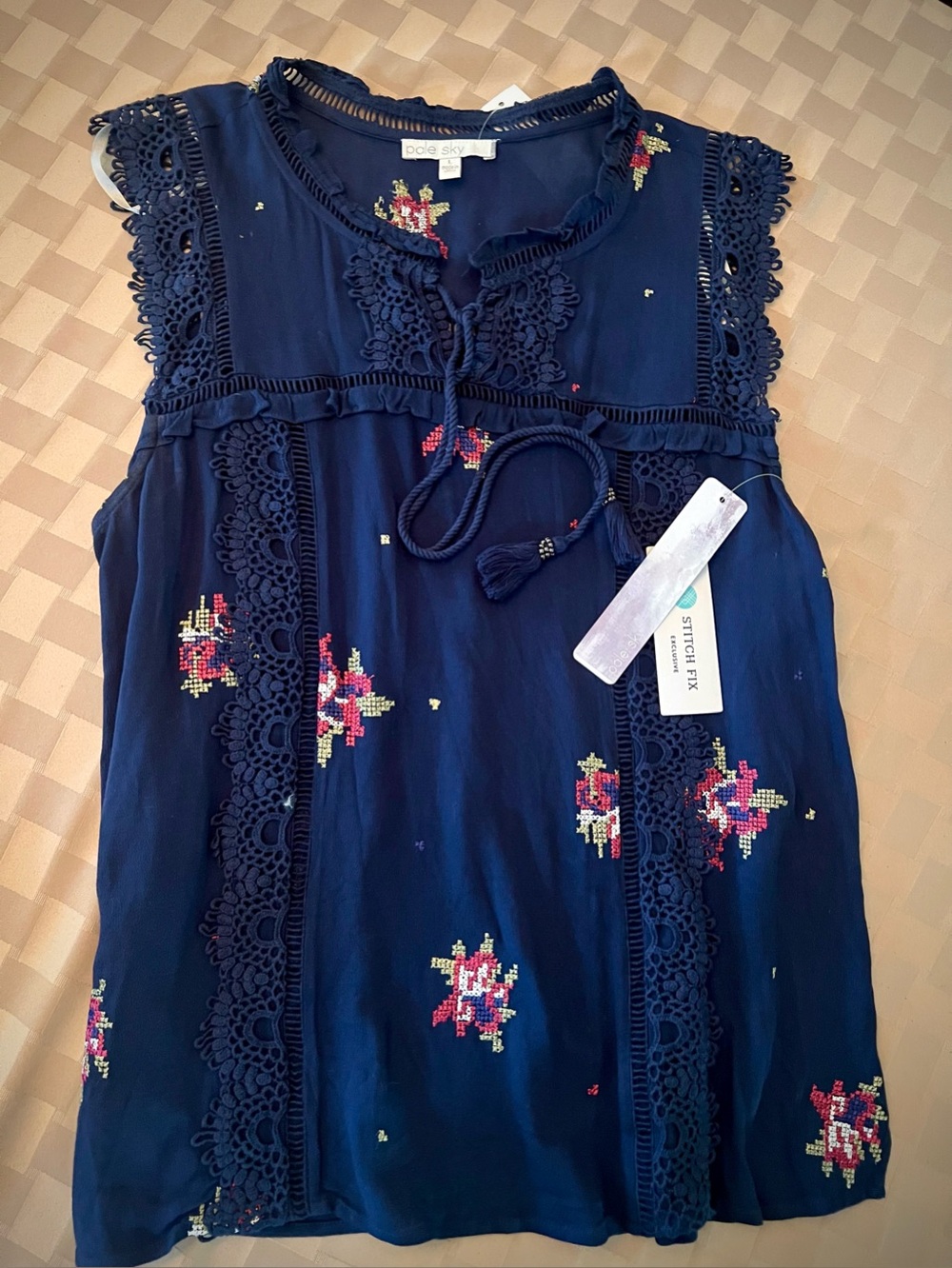 Pale Sky Navy Embroidered Boho Sleeveless with Crochet Trim NWT L